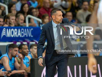 In Andorra La Vella, Andorra, on November 17, 2024, Natxo Lezcano, coach of Andorra, looks on during the Liga Endesa 2024-2025 match between...