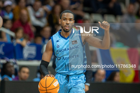 Jerrick Harding of Morabanc Andorra plays during the Liga Endesa 2024-2025 match between Morabanc Andorra and Unicaja Malaga at Poliesportiu...