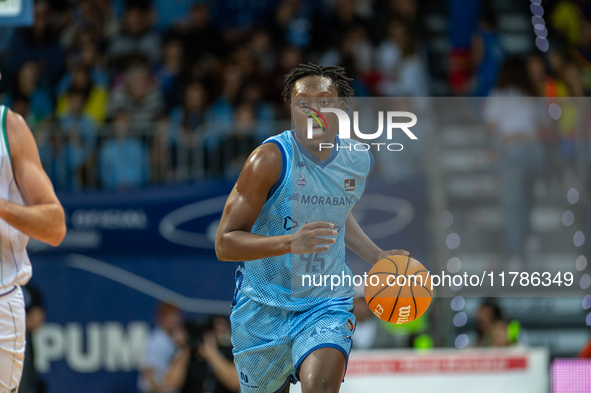 Sekou Doumbouya of Morabanc Andorra is in action during the Liga Endesa 2024-2025 match between Morabanc Andorra and Unicaja Malaga at Polie...