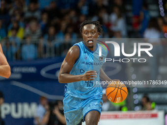 Sekou Doumbouya of Morabanc Andorra is in action during the Liga Endesa 2024-2025 match between Morabanc Andorra and Unicaja Malaga at Polie...