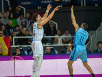 Players are in action during the Liga Endesa 2024-2025 match between Morabanc Andorra and Unicaja Malaga at Poliesportiu d'Andorra in Andorr...