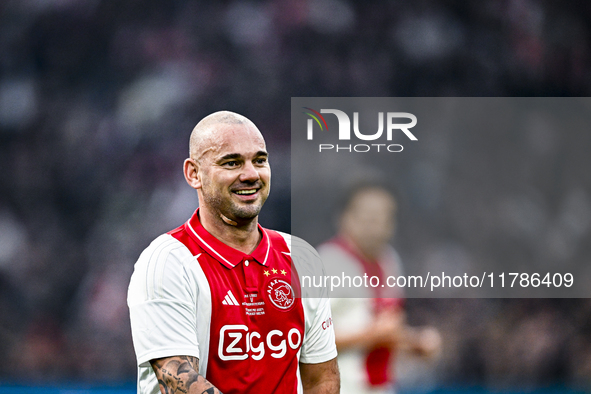 AFC Ajax Amsterdam legend Wesley Sneijder participates in the match between Ajax Legends and Real Madrid Legends at the Johan Cruijff ArenA...