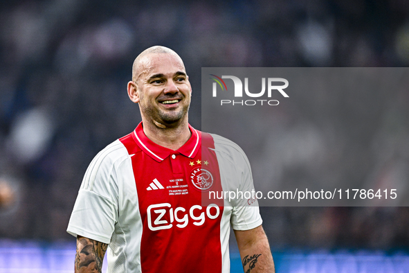 AFC Ajax Amsterdam legend Wesley Sneijder participates in the match between Ajax Legends and Real Madrid Legends at the Johan Cruijff ArenA...