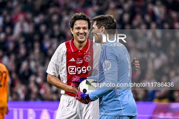 AFC Ajax Amsterdam legend Jari Litmanen and Real Madrid CF legend goalkeeper Iker Casillas participate in the match between Ajax Legends and...