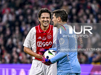 AFC Ajax Amsterdam legend Jari Litmanen and Real Madrid CF legend goalkeeper Iker Casillas participate in the match between Ajax Legends and...