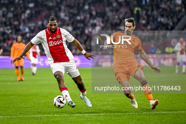 AFC Ajax Amsterdam legend Ryan Babel and Real Madrid CF legend Fernando Sanz participate in the match between Ajax Legends and Real Madrid L...