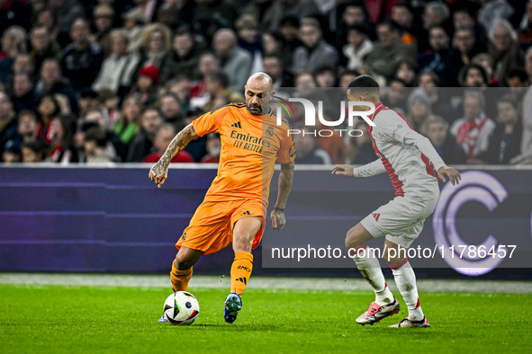 Real Madrid CF legend Raul Bravo and AFC Ajax Amsterdam legend Ricardo van Rhijn participate in the match between Ajax Legends and Real Madr...