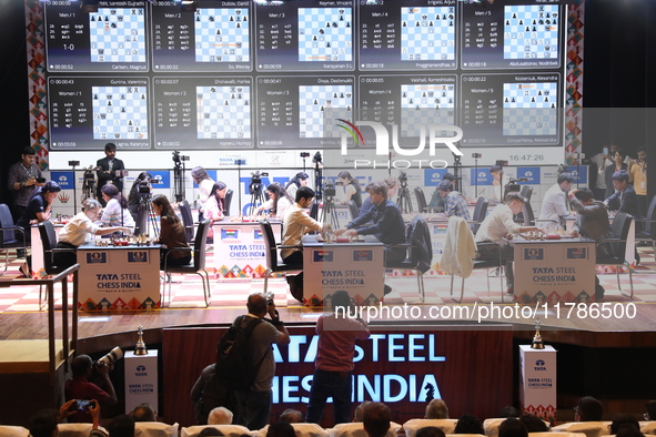 Norway's Magnus Carlsen plays against India's Vidit Gujrathi on the last day of the 6th Tata Steel Chess India Rapid & Blitz Chess tournamen...