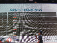 A man walks past a display board that shows the names of men's chess players after finishing the match on the last day of the 6th Tata Steel...