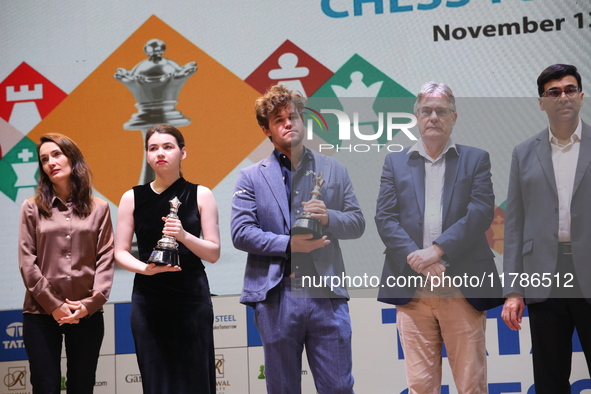 The Open Rapid and Blitz Chess winner Magnus Carlsen, women's blitz winner Kateryna Lagno, and women's rapid champion Aleksandra Goryachkina...