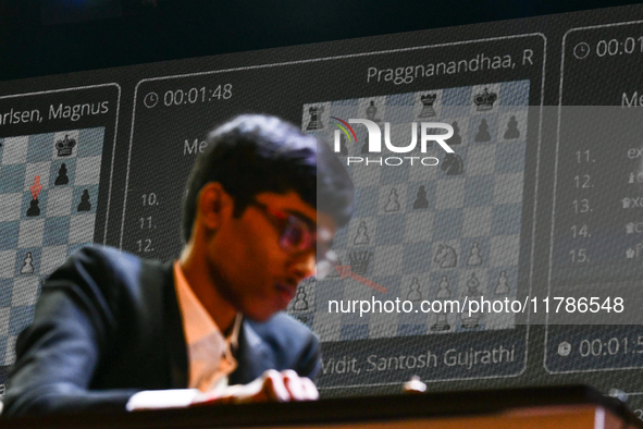 Indian GM R Praggnanandhaa plays chess during the 6th TATA Steel Chess India Tournament at Dhono Dhanyo Auditorium in Kolkata, India, on Nov...