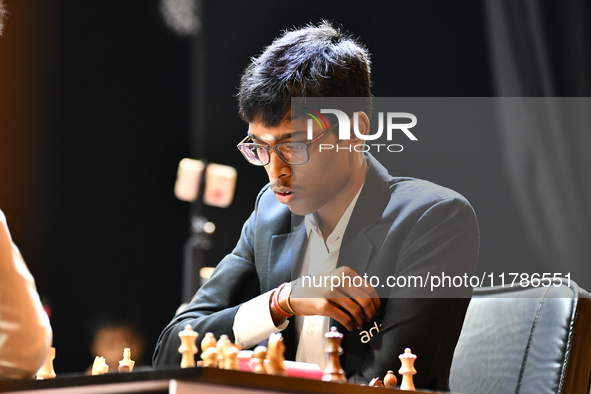 Indian GM R Praggnanandhaa plays chess during the 6th TATA Steel Chess India Tournament at Dhono Dhanyo Auditorium in Kolkata, India, on Nov...