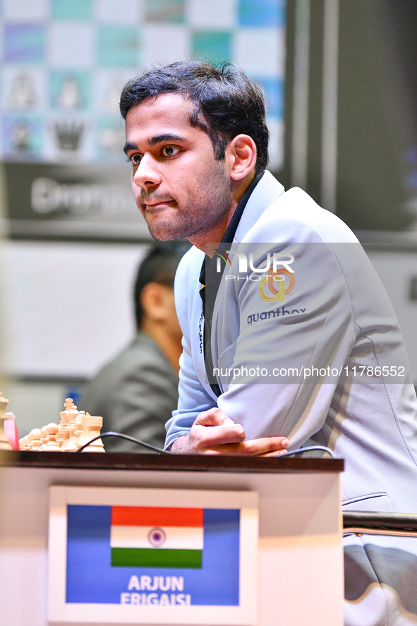 Indian GM Arjun Erigaisi participates in the 6th TATA Steel Chess India Tournament at Dhono Dhanyo Auditorium in Kolkata, India, on November...