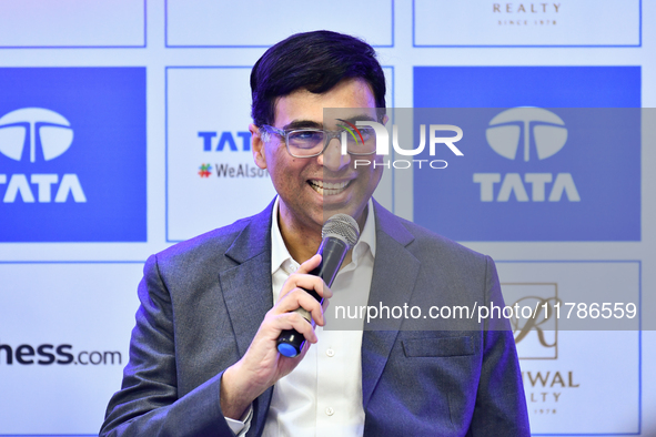 Indian chess grandmaster Viswanathan Anand speaks during a post-match press conference at the 6th TATA Steel Chess India Tournament at Dhono...