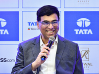 Indian chess grandmaster Viswanathan Anand speaks during a post-match press conference at the 6th TATA Steel Chess India Tournament at Dhono...