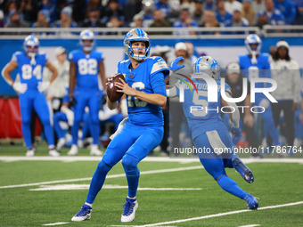 DETROIT,MICHIGAN-November 17: Detroit Lions quarterback Jared Goff (16) looks to pass during the first half of an NFL football game between...