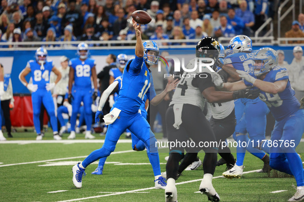 DETROIT,MICHIGAN-November 17: Detroit Lions quarterback Jared Goff (16) throws a pass during the first half of an NFL football game between...