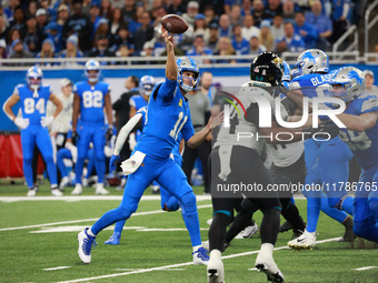 DETROIT,MICHIGAN-November 17: Detroit Lions quarterback Jared Goff (16) throws a pass during the first half of an NFL football game between...