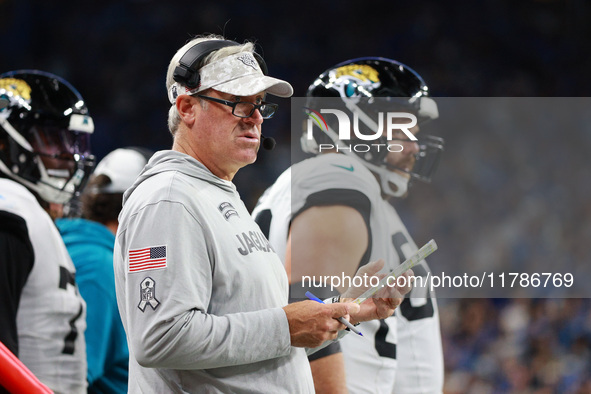 DETROIT,MICHIGAN-November 17: Jacksonville Jaguars head coach Doug Pederson looks on during the first half of an NFL football game between t...