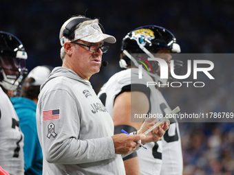 DETROIT,MICHIGAN-November 17: Jacksonville Jaguars head coach Doug Pederson looks on during the first half of an NFL football game between t...