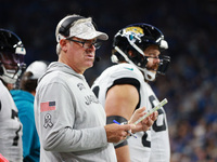 DETROIT,MICHIGAN-November 17: Jacksonville Jaguars head coach Doug Pederson looks on during the first half of an NFL football game between t...