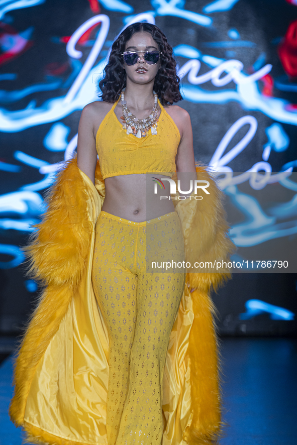 A model presents a creation by Hungarian designer Ilona Szabo during Budapest Fashion Week in Budapest, Hungary, on November 15, 2024, at Ha...