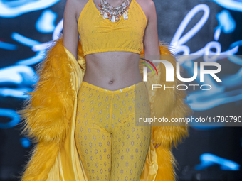 A model presents a creation by Hungarian designer Ilona Szabo during Budapest Fashion Week in Budapest, Hungary, on November 15, 2024, at Ha...