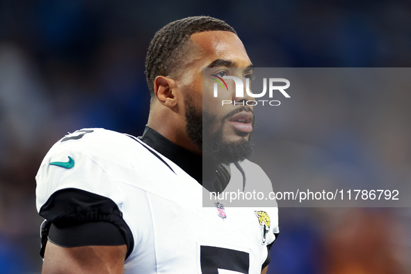 DETROIT,MICHIGAN-NOVEMBER17: Safety Andre Cisco (5) of the Jacksonville Jaguars warms up ahead of a game between the Detroit Lions and the J...