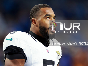 DETROIT,MICHIGAN-NOVEMBER17: Safety Andre Cisco (5) of the Jacksonville Jaguars warms up ahead of a game between the Detroit Lions and the J...