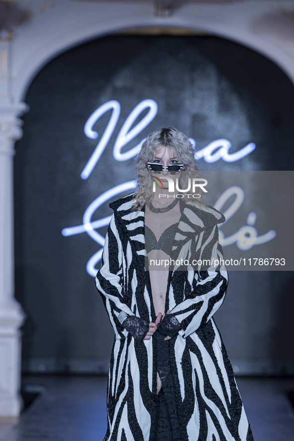 A model presents a creation by Hungarian designer Ilona Szabo during Budapest Fashion Week in Budapest, Hungary, on November 15, 2024, at Ha...