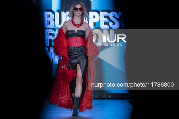 A model presents a creation by Hungarian designer Ilona Szabo during Budapest Fashion Week in Budapest, Hungary, on November 15, 2024, at Ha...