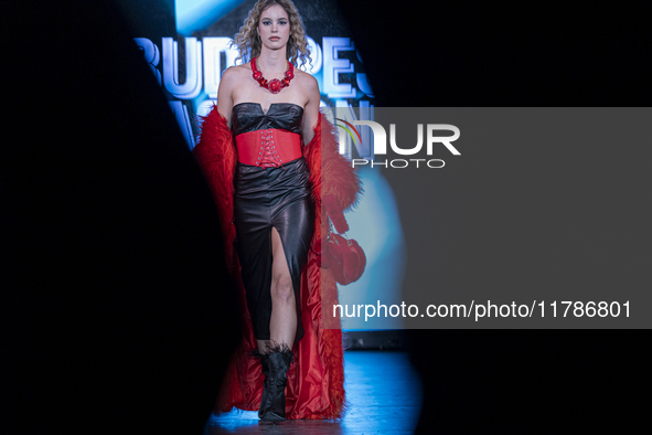 A model presents a creation by Hungarian designer Ilona Szabo during Budapest Fashion Week in Budapest, Hungary, on November 15, 2024, at Ha...