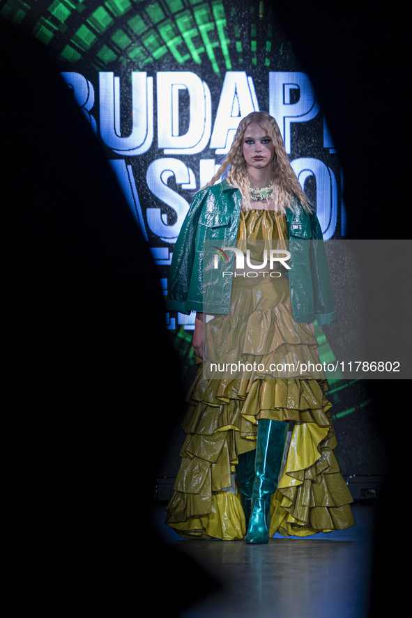 A model presents a creation by Hungarian designer Ilona Szabo during Budapest Fashion Week in Budapest, Hungary, on November 15, 2024, at Ha...