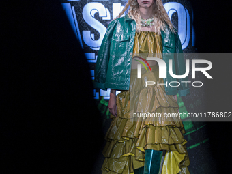 A model presents a creation by Hungarian designer Ilona Szabo during Budapest Fashion Week in Budapest, Hungary, on November 15, 2024, at Ha...