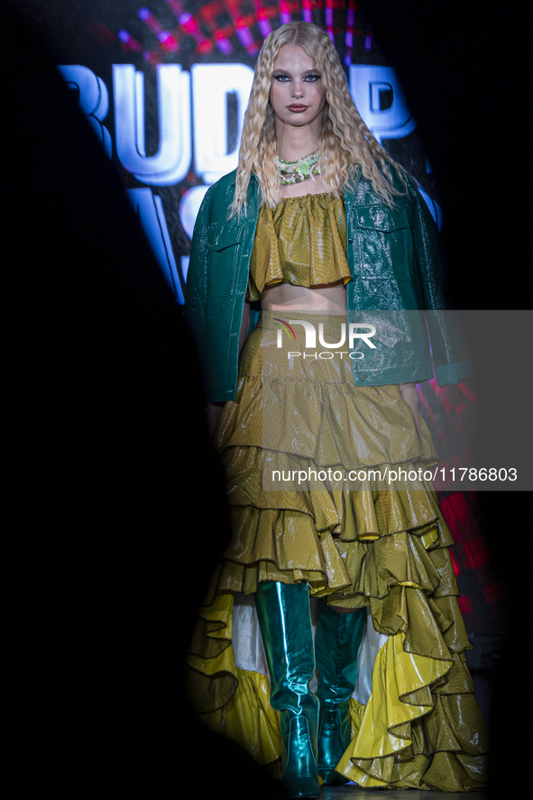 A model presents a creation by Hungarian designer Ilona Szabo during Budapest Fashion Week in Budapest, Hungary, on November 15, 2024, at Ha...