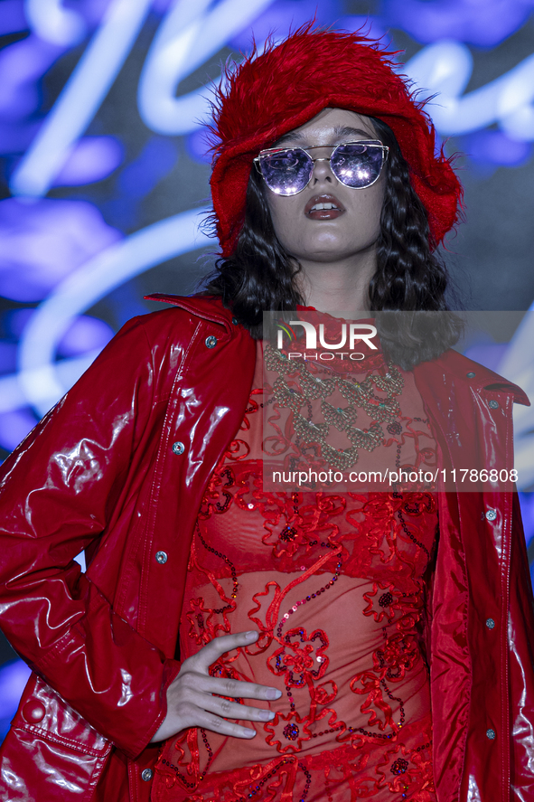 A model presents a creation by Hungarian designer Ilona Szabo during Budapest Fashion Week in Budapest, Hungary, on November 15, 2024, at Ha...