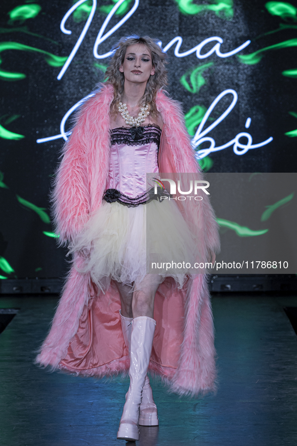 A model presents a creation by Hungarian designer Ilona Szabo during Budapest Fashion Week in Budapest, Hungary, on November 15, 2024, at Ha...