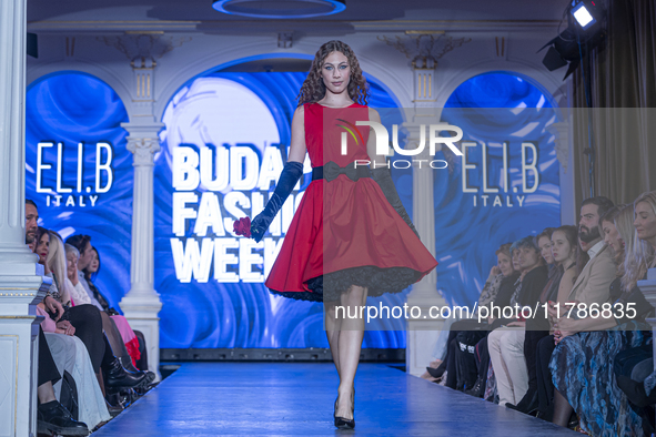 A model presents a creation by French designer Eli.B during Budapest Fashion Week in Budapest, Hungary, on November 15, 2024, at Hall of Cit...