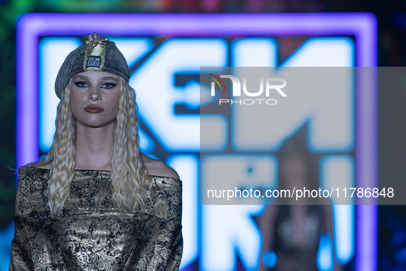 A model presents a creation by Hungarian designer and event organizer Kenguru during Budapest Fashion Week in Budapest, Hungary, on November...