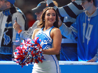 DETROIT,MICHIGAN-NOVEMBER17:  A cheerleader cheers as players enter the field ahead of a game between the Detroit Lions and the Jacksonville...