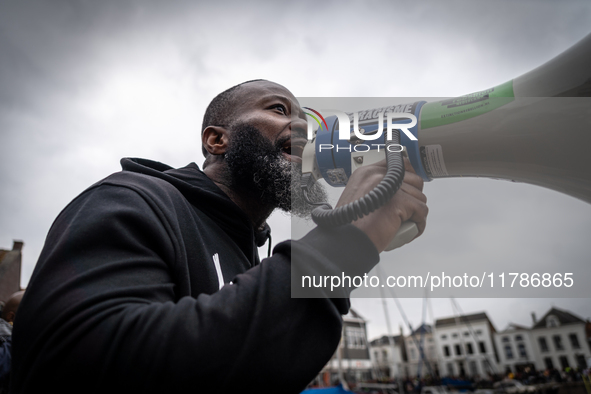 Kozp leader Jerry Affriye protests against blackfacing during Sinterklaas in Middelharnis, Netherlands.. The action group ''Kick Out Zwarte...