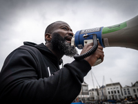 Kozp leader Jerry Affriye protests against blackfacing during Sinterklaas in Middelharnis, Netherlands.. The action group ''Kick Out Zwarte...