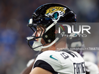 DETROIT,MICHIGAN-NOVEMBER17:  Center Luke Fortner (79) of the Jacksonville Jaguars looks on from the sidelines during a game between the Det...