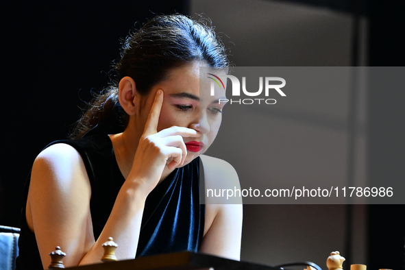 Russian GM Aleksandra Goryachkina plays chess during the 6th TATA Steel Chess India Tournament at Dhono Dhanyo Auditorium in Kolkata, India,...