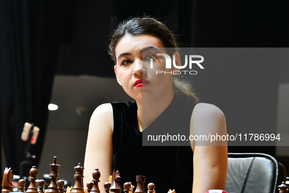 Russian GM Aleksandra Goryachkina plays chess during the 6th TATA Steel Chess India Tournament at Dhono Dhanyo Auditorium in Kolkata, India,...