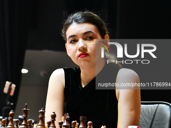 Russian GM Aleksandra Goryachkina plays chess during the 6th TATA Steel Chess India Tournament at Dhono Dhanyo Auditorium in Kolkata, India,...