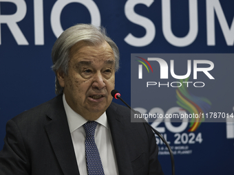 UN Secretary-General Antonio Guterres speaks during a press conference at the press center where the G20 leaders' summit takes place at the...