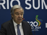 UN Secretary-General Antonio Guterres speaks during a press conference at the press center where the G20 leaders' summit takes place at the...