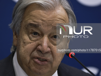 UN Secretary-General Antonio Guterres speaks during a press conference at the press center where the G20 leaders' summit takes place at the...