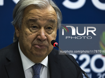 UN Secretary-General Antonio Guterres speaks during a press conference at the press center where the G20 leaders' summit takes place at the...